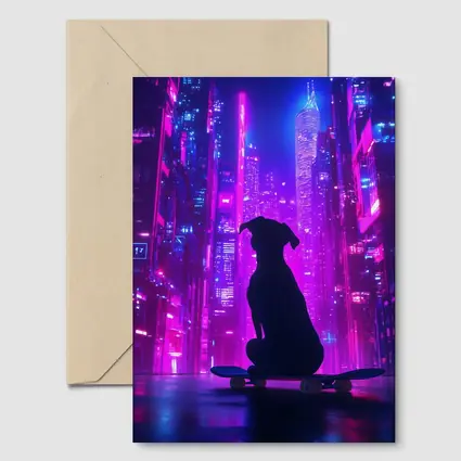 Dog Silhouette Skateboard Neon Cyberpunk City