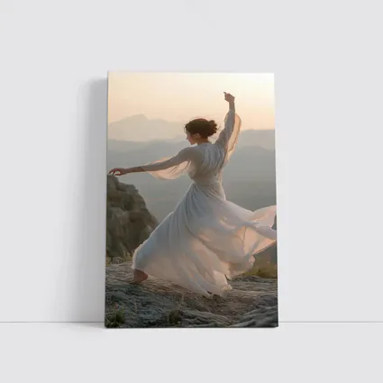 Woman Dancing White Dress Mountain Sunset