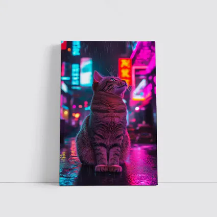 Tabby Cat Sitting in Neon Rainy City