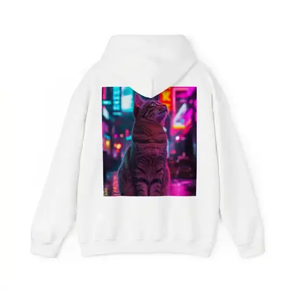 Tabby Cat Sitting in Neon Rainy City
