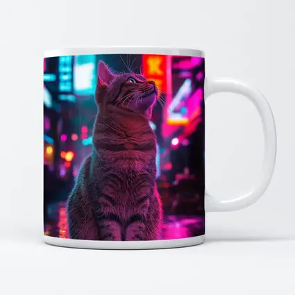 Tabby Cat Sitting in Neon Rainy City