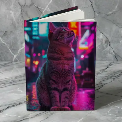 Tabby Cat Sitting in Neon Rainy City