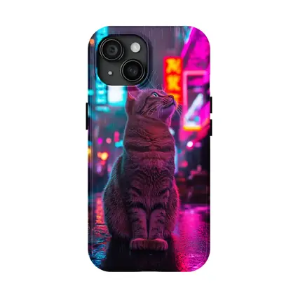Tabby Cat Sitting in Neon Rainy City