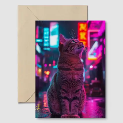 Tabby Cat Sitting in Neon Rainy City