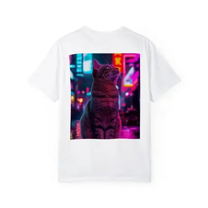 Tabby Cat Sitting in Neon Rainy City