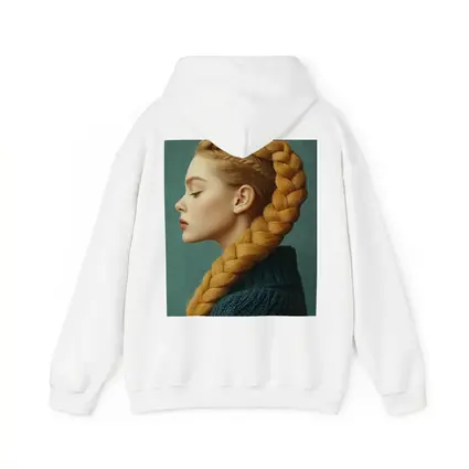 Golden Braided Hair Woman Teal Background