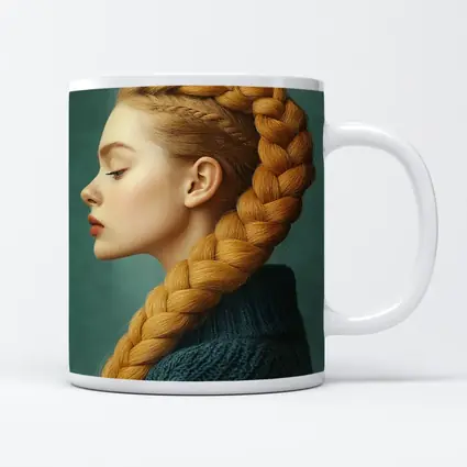 Golden Braided Hair Woman Teal Background