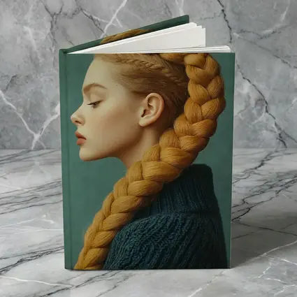 Golden Braided Hair Woman Teal Background