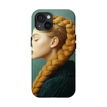 Golden Braided Hair Woman Teal Background