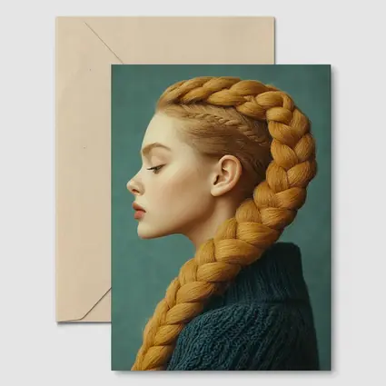Golden Braided Hair Woman Teal Background