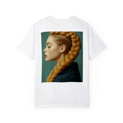 Golden Braided Hair Woman Teal Background