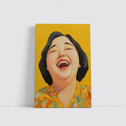 Laughing Woman Portrait Yellow Background Pop Art