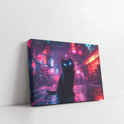 Black Cat Glowing Eyes Neon City Night