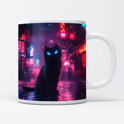 Black Cat Glowing Eyes Neon City Night