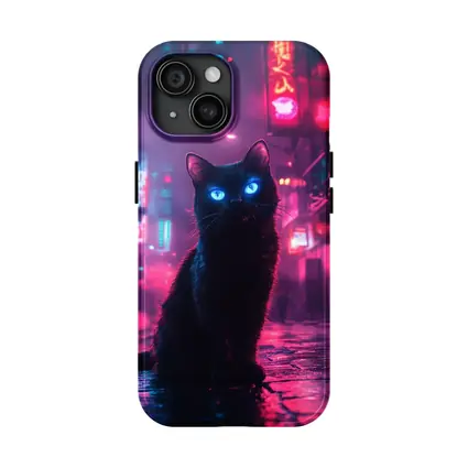 Black Cat Glowing Eyes Neon City Night