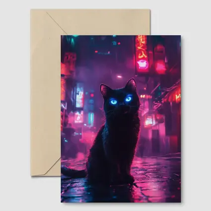Black Cat Glowing Eyes Neon City Night