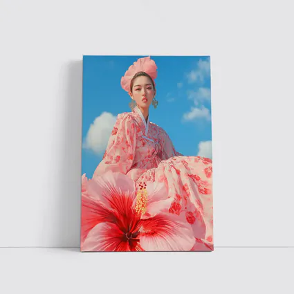 Korean Woman Hanbok Hibiscus Blue Sky