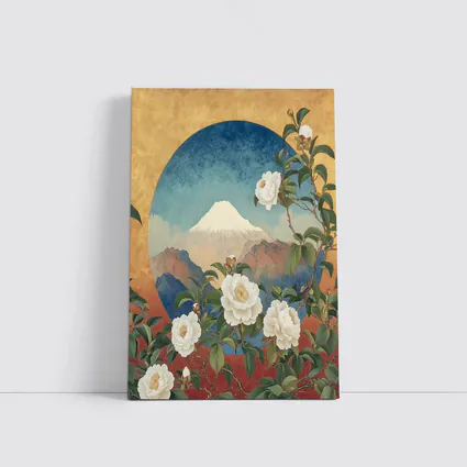 White Camellia Flowers Mount Fuji Japanese Art