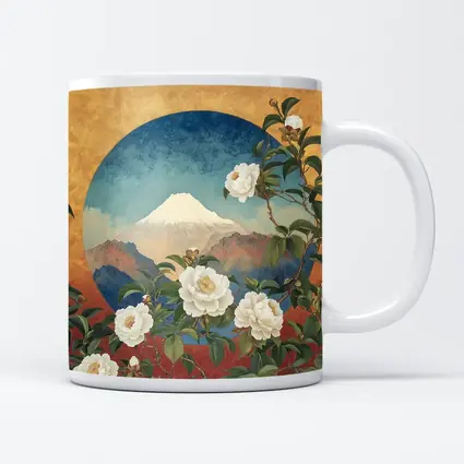 White Camellia Flowers Mount Fuji Japanese Art