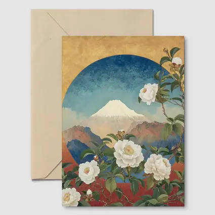 White Camellia Flowers Mount Fuji Japanese Art