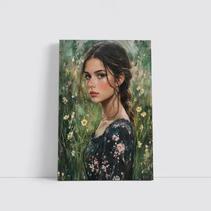 Young Woman Portrait Oil Painting Wildflowers