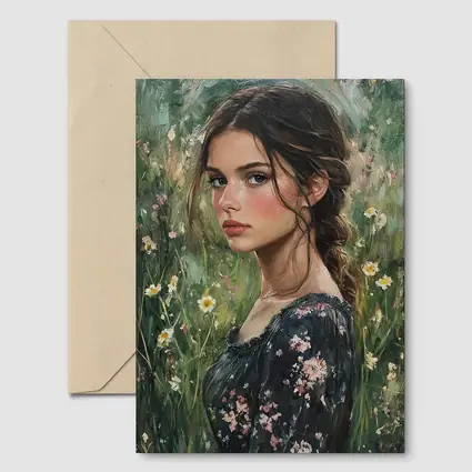 Young Woman Portrait Oil Painting Wildflowers