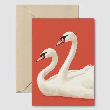 Two White Swans On Red Background