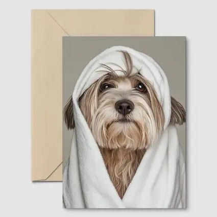 Fluffy Dog Wrapped In White Towel