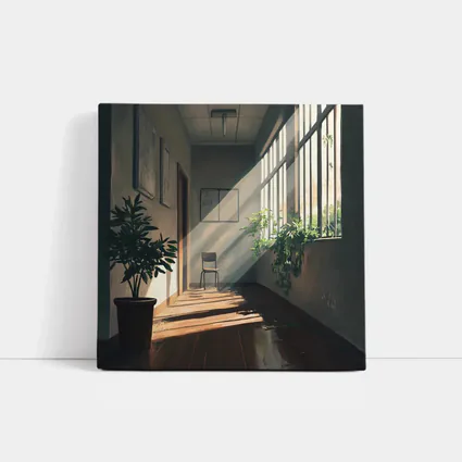 Anime School Hallway Sunlight Plants Interior