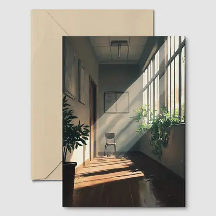 Anime School Hallway Sunlight Plants Interior