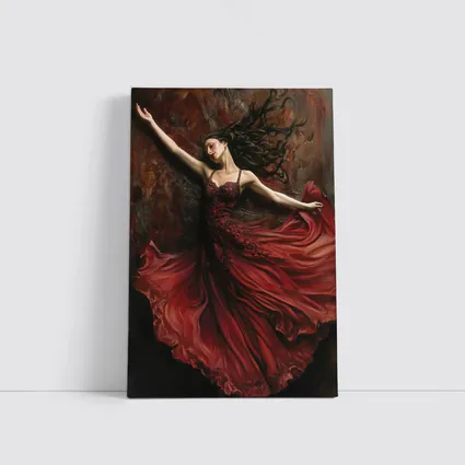 Woman Dancing Red Flowing Dress Dark Background