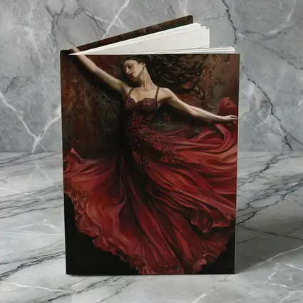 Woman Dancing Red Flowing Dress Dark Background