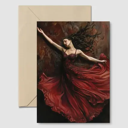 Woman Dancing Red Flowing Dress Dark Background