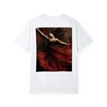 Woman Dancing Red Flowing Dress Dark Background