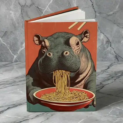 Hippo Eating Noodles Retro Japanese Art