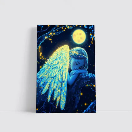 Sleeping Angel Girl Glowing Wings Moon Night