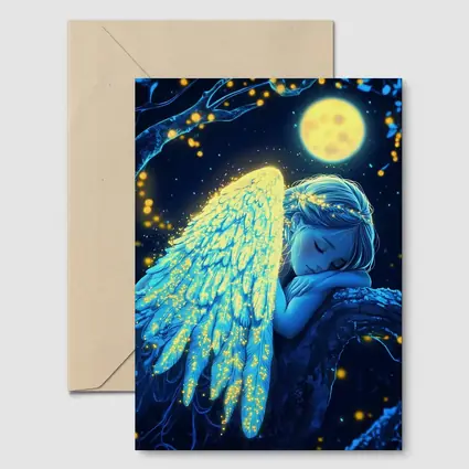 Sleeping Angel Girl Glowing Wings Moon Night
