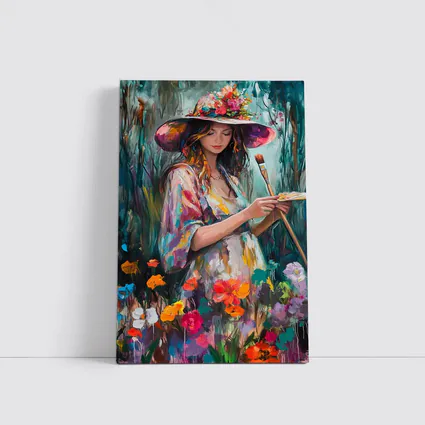 Painter Woman In Floral Garden Oil Art