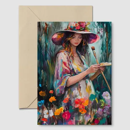 Painter Woman In Floral Garden Oil Art