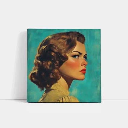 Retro Pin Up Woman Teal Background Portrait