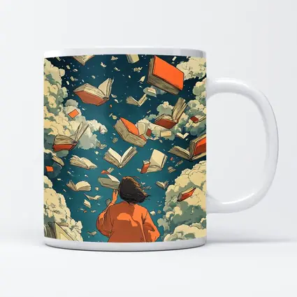 Girl Reading Books Flying Sky Illustration