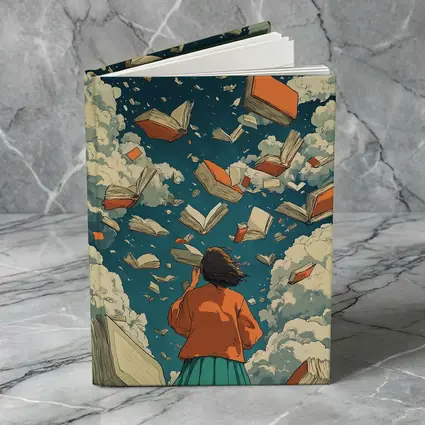 Girl Reading Books Flying Sky Illustration