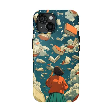 Girl Reading Books Flying Sky Illustration