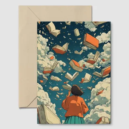 Girl Reading Books Flying Sky Illustration