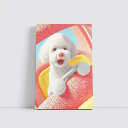 Happy White Poodle Riding Pink Toy Car