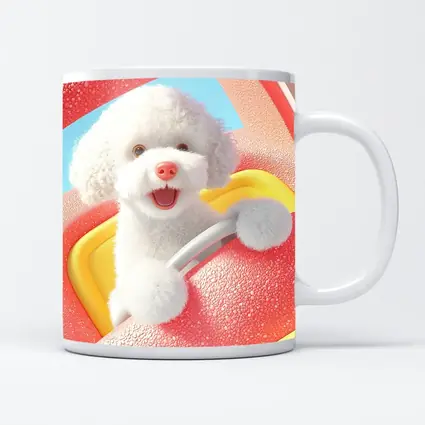 Happy White Poodle Riding Pink Toy Car