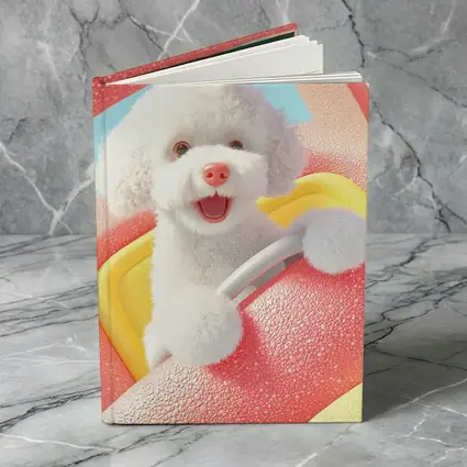 Happy White Poodle Riding Pink Toy Car
