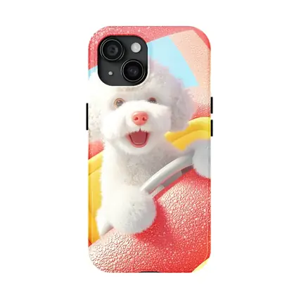 Happy White Poodle Riding Pink Toy Car
