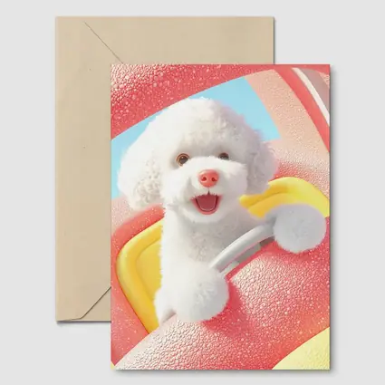 Happy White Poodle Riding Pink Toy Car