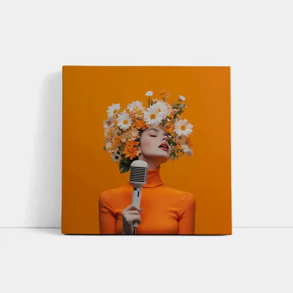 Woman Singing Flowers Head Orange Background